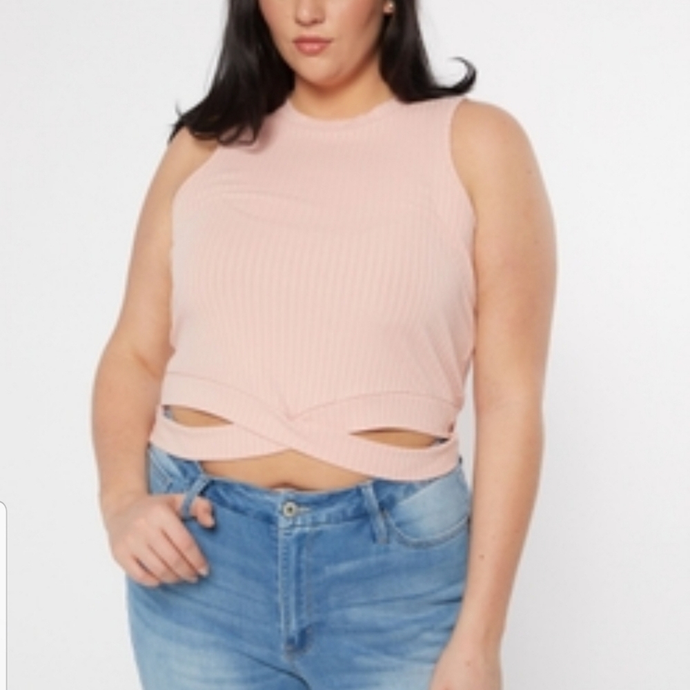 Plus Pink Ribbed Crisscross Cut Out Tank Top